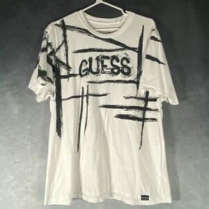 Guess Graphic Print T-shirt Black White Brush Stroke Design XXL* Organic Cotton